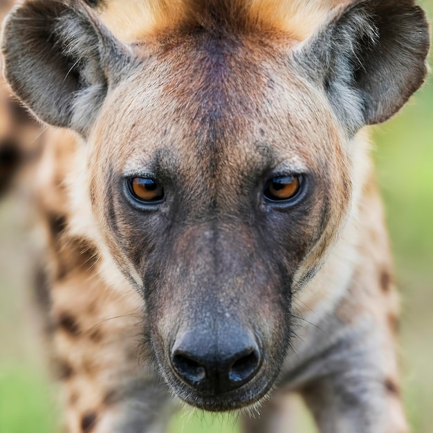 Foto viso di iena da vicino e occhio che guarda la caccia