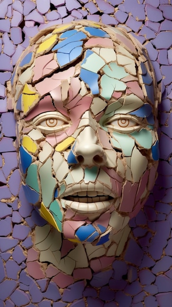 A close up of a face made of broken glass on a purple background generative ai