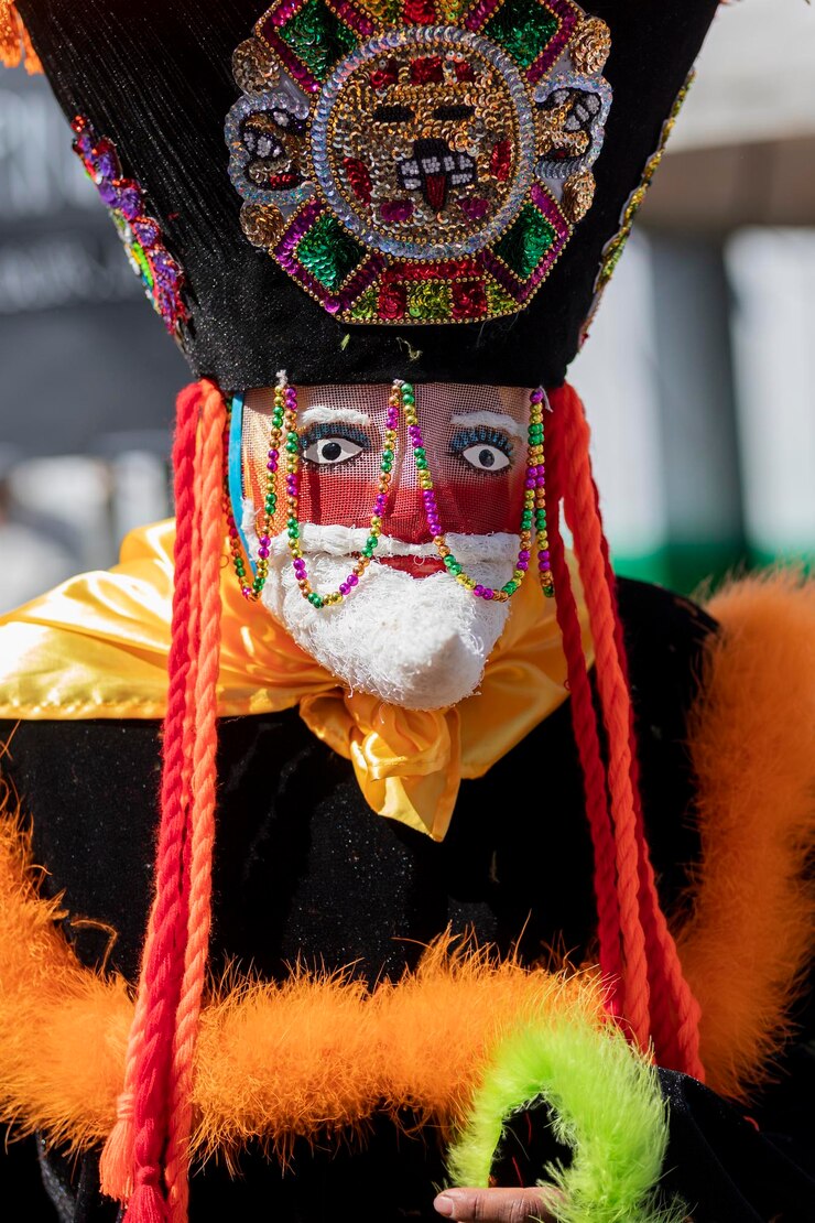 Close up of the face of a person with a chinelo mask dancing in a carnival in mexico