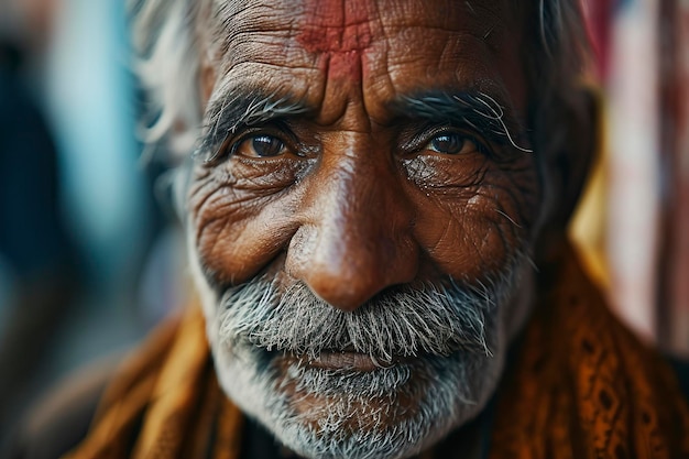 Close up face portrait of an elderly Indian man