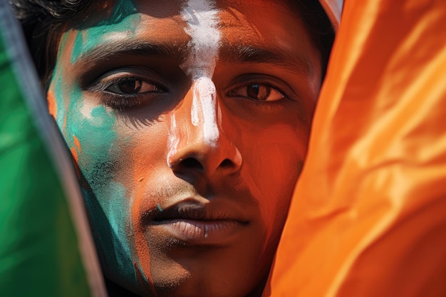 Close up face portrait of male painted with the colors of india