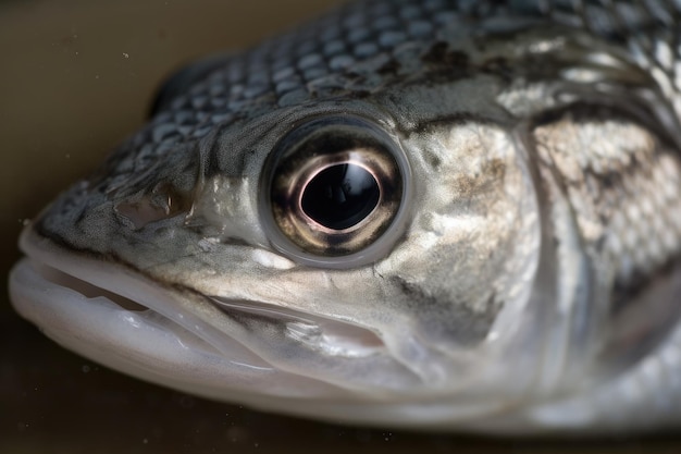 A close up of the face of a thick lip grey mullet a common and popular fish from the Atlantic Ocean