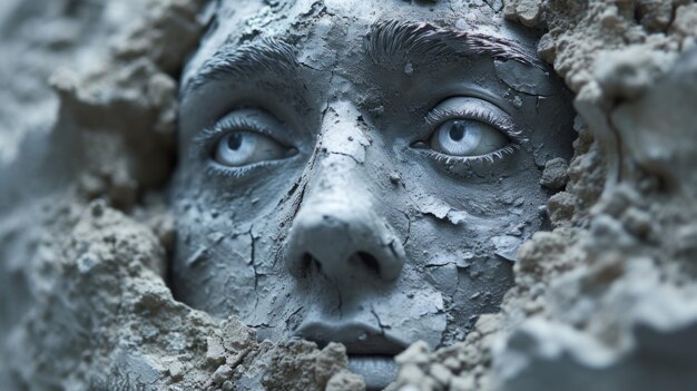 Photo a close up of a face in the wall with blue eyes ai