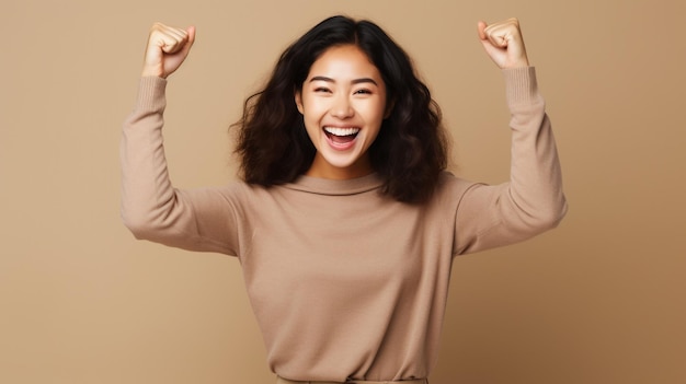 Close up face of young woman with beautiful smile isolated on brown happy generated by AI