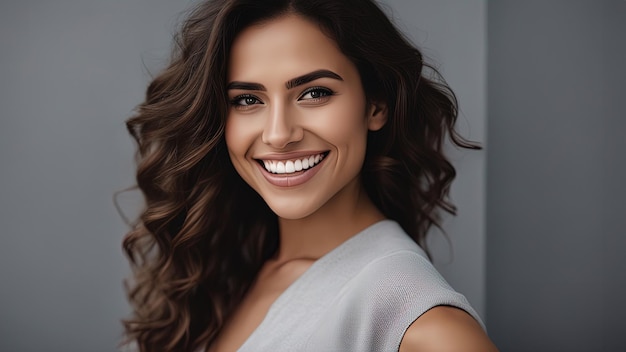 Close up face of young woman with beautiful smile isolated on grey wall with copy space Successful multiethnic girl Woman looking at camera against gray wall with a big whitening teeth smile