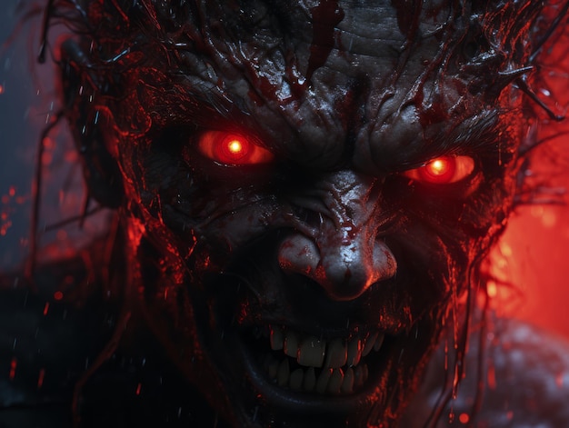 a close up of the face of a zombie with red eyes