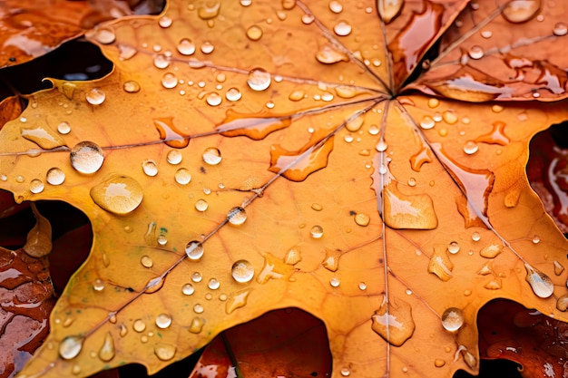 Close up of fallen leaves on ground in autumn covered in raindrops