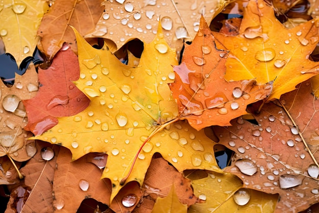 Foto primo piano delle foglie cadute sul terreno in autunno coperto di gocce di pioggia