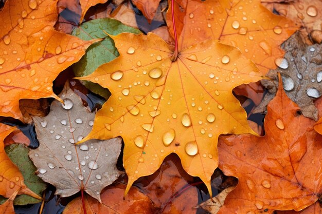 Close up of fallen leaves on ground in autumn covered in raindrops