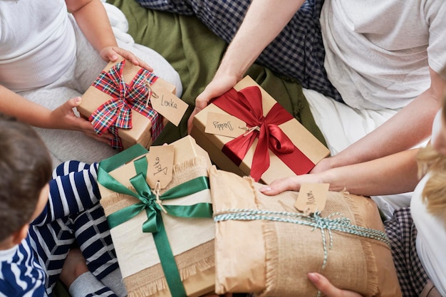 Close up of families Christmas gifts