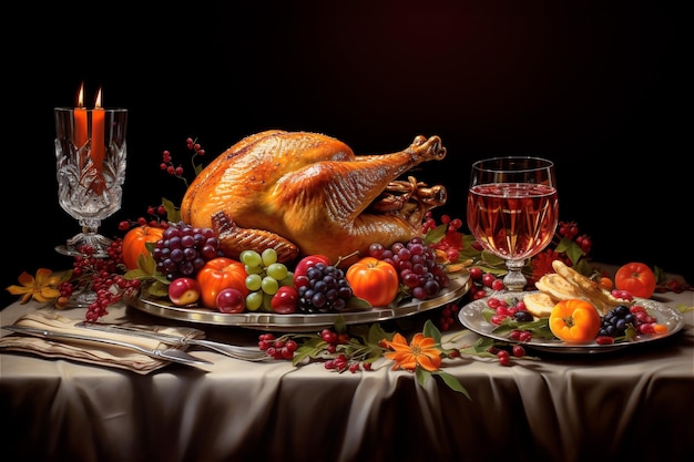 Close up of family celebration dinner table served with turkey and vegetables meal for Thanksgiving