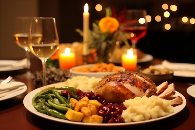 Foto tavolo di cena di celebrazione familiare vicino servito con tacchino e verdure per il ringraziamento