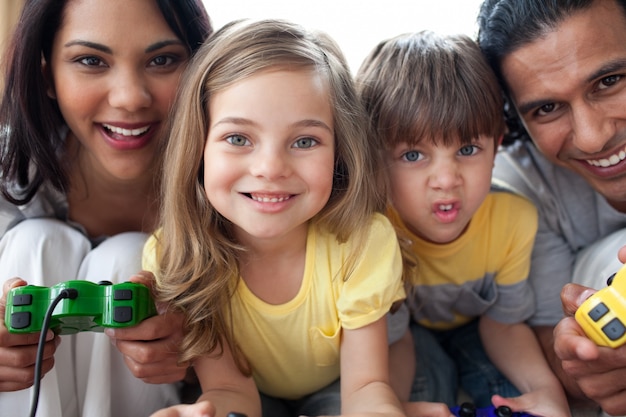 Photo close-up of family playing video game