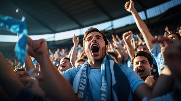 Foto close-up dei tifosi che indossavano camicie blu chiaro hanno guardato e applaudito la partita in diretta