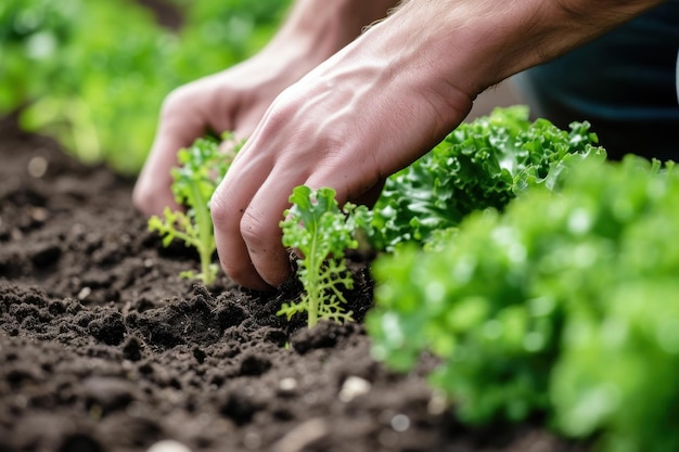 Close up of a farmer hand plating sprout with the Green lettuce in fertile soil organic planted in a garden