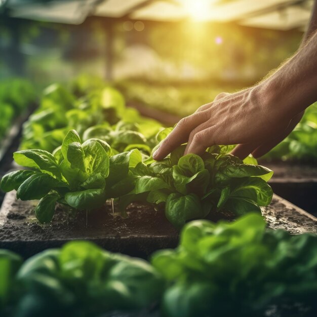 Close up farmer hands in hydroponic garden during morning Generative AI