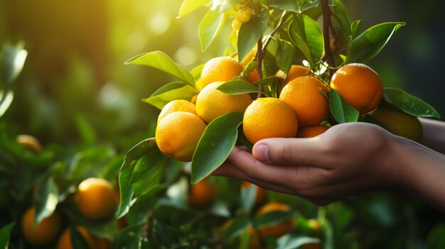 Close up of farmer male hands picking orange or mandarin fruits Organic food harvesting and farming concept Generative AI