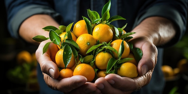 Close up of farmer male hands picking orange or mandarin fruits Organic food harvesting and farming concept