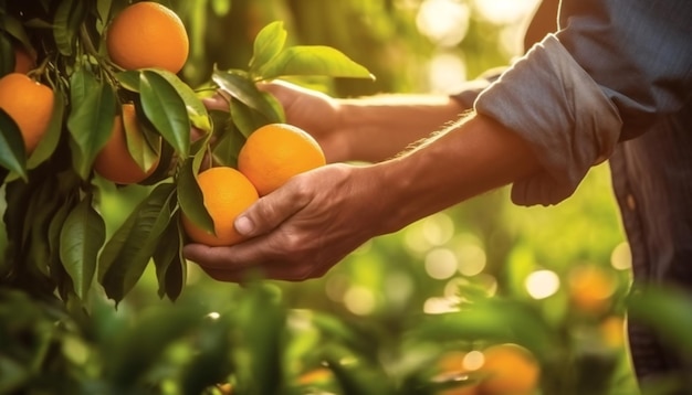 Close up of farmer male hands picking orange or mandarins