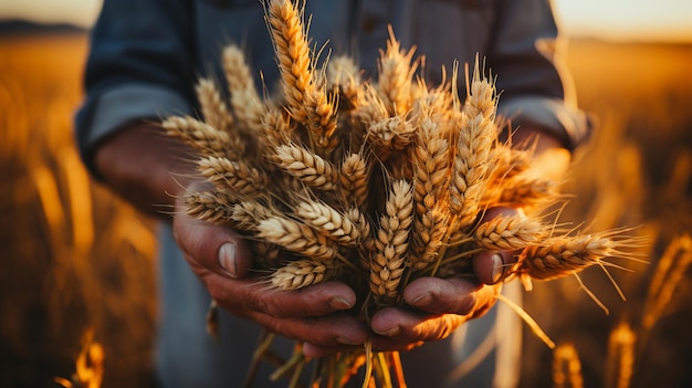 close up of farmer 's hands in wheat ears