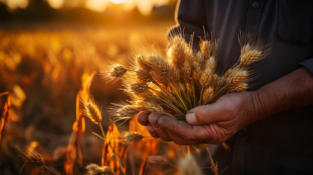 close up of farmer 's hands in wheat ears