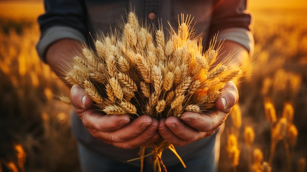 close up of farmer 's hands in wheat ears
