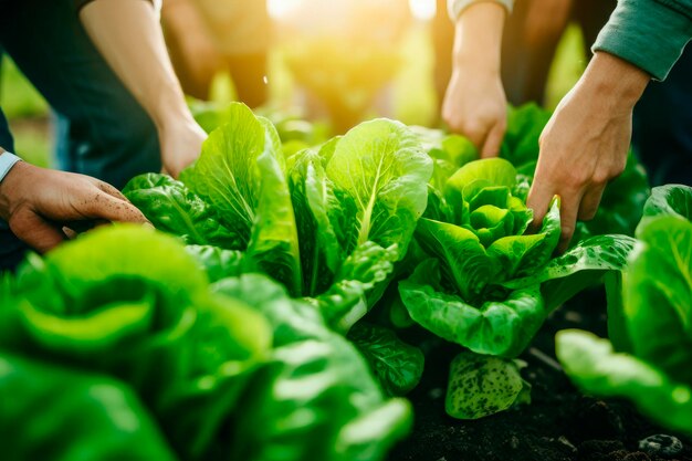 Close up of farmers holding and picking green lettuce leaves with roots in the farm