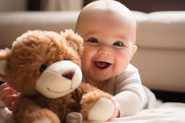 Close up of fascinated baby touching stuffed animal in living room giggling wide eyes full of wonder