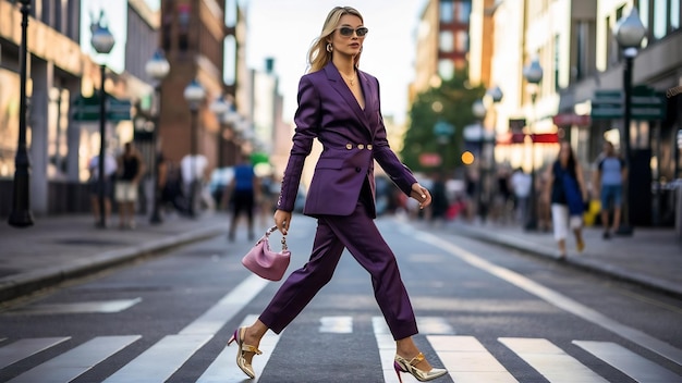 Close up fashion details of stylish woman in purple suit walking in city street spring summer autu