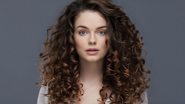 Close up fashion photo of young woman with beauty long curly hair