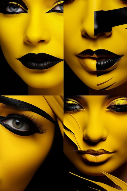Close up fashion studio portrait of young beautiful women with yellow eye makeup