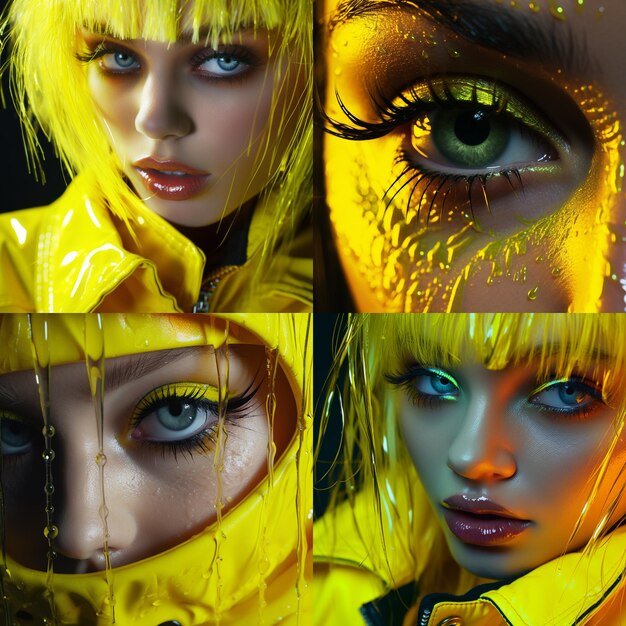Close up fashion studio portrait of young beautiful women with yellow eye makeup