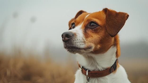 Close up of a fawn and white dog with whiskers wearing a collar