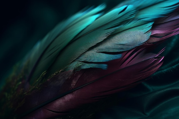 A close up of a feather with a dark background