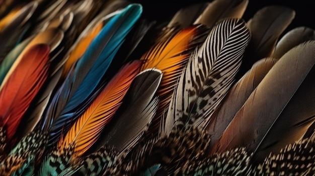 A close up of feathers that are blue, orange, and black