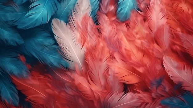 A close up of feathers that are red and blue.