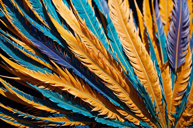 A close up of feathers with blue and orange feathers.