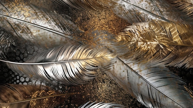 A close up of feathers with gold and silver on the bottom.