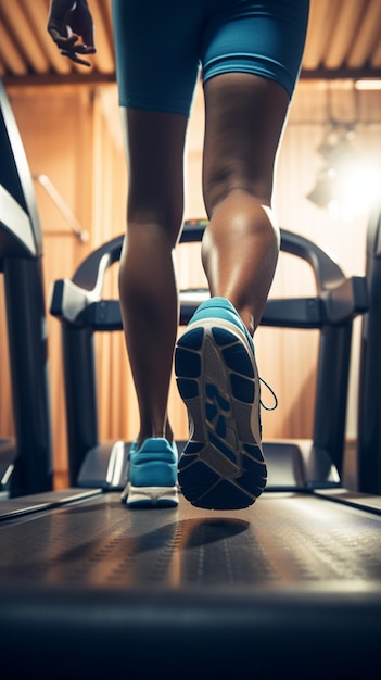 Primo piano dei piedi del corridore sportivo che corre sul tapis roulant aigenerato