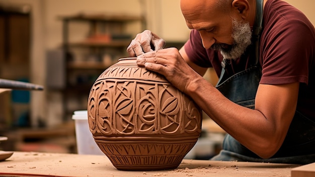 Photo close up of female african american hands making clay pottery