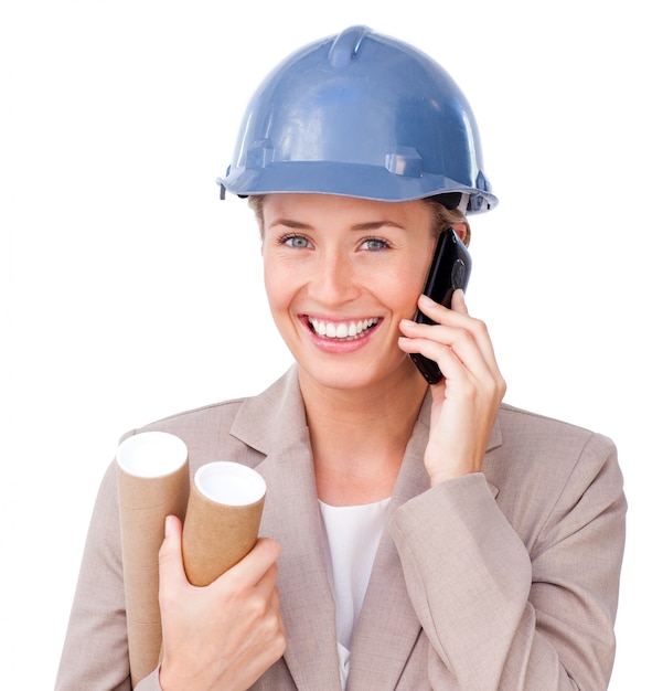 Close-up of a female architect on phone 