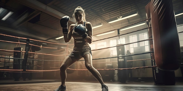 Close up of female athlete training kickboxing exercise hard punching bag hunting practice women boxing in gymnasium