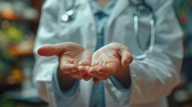 Photo close up of female doctor holding something with blank palm