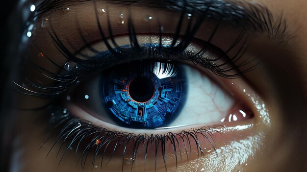 Photo close up of a female eye with a blue iris and a reflection