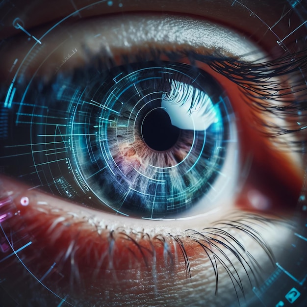 Photo close up of female eye with digital hologram futuristic cyberpunk interface implanted in eyes