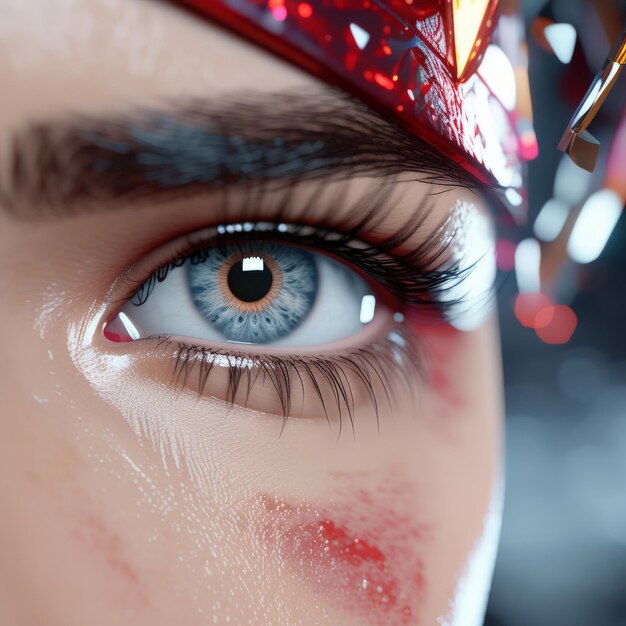 Foto primo piano dell'occhio femminile con trucco e rossetto rosso in studio con un trucco professionale