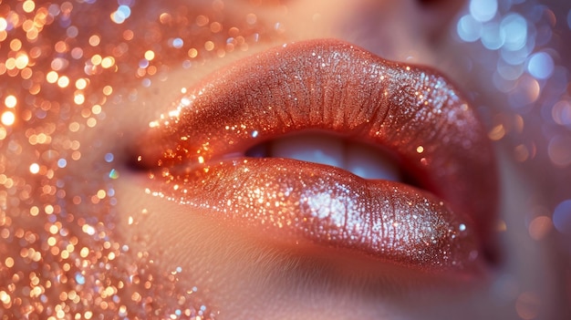 Photo close up of female glossy female lips with glitters
