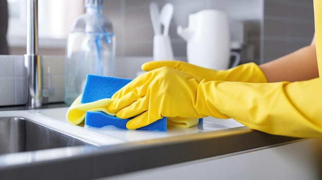 AI が生成したキッチンの洗面台を掃除する女性の手のクローズ アップ