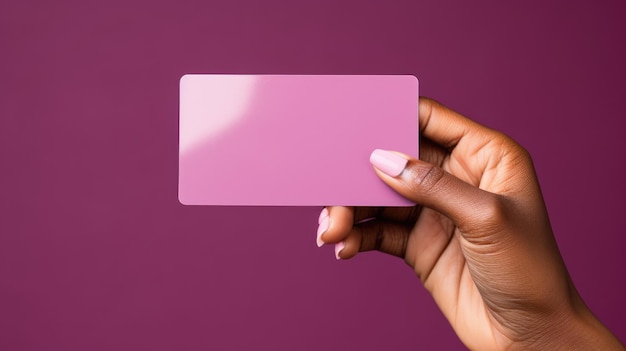 Close up of female hand holding blank business card over pink background Generative AI