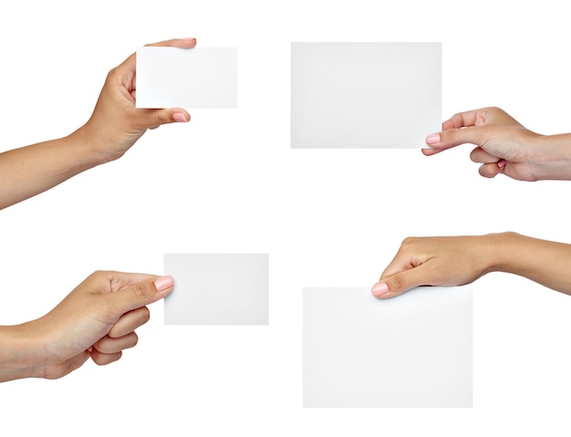 close up of a female hand holding blank note card sign on white background